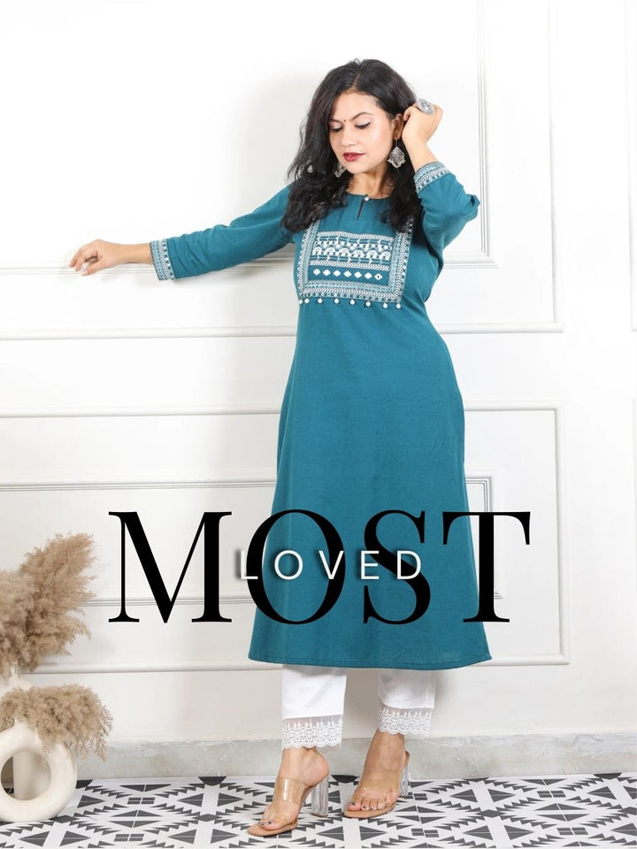 Ruksna Cerulean Blue Embellish Neck with Mirror in Cotton Flex Kurti
