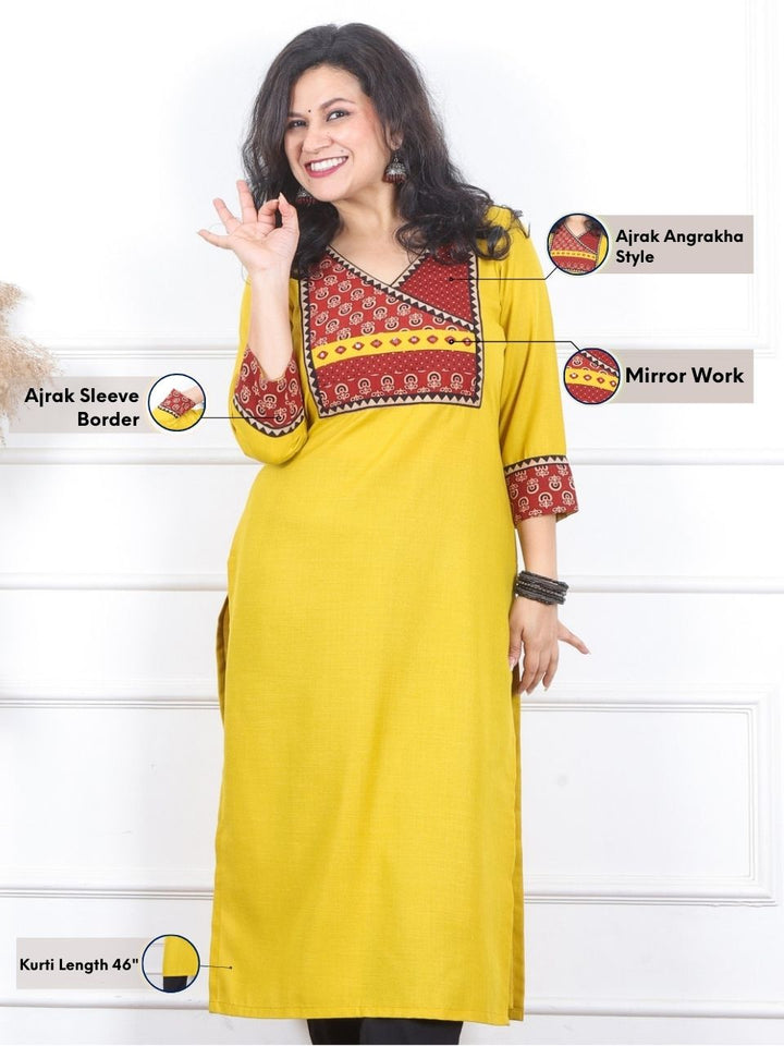 Dua Amber Yellow with Ajrak Print Patch on Angrakha Style Neck Magic Linen Kurti