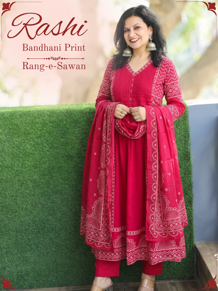 Rashi Rani Pink Bandhani Gathered Cotton 3 PIece Set