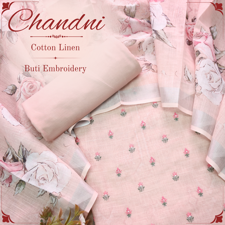 Chandni Soft Mauve Pink Thread Floral Buti Work Cotton Linen Suit Set