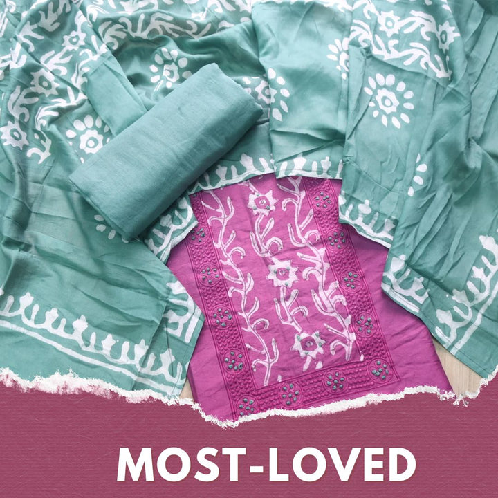 Sumati Orchid Purple with Green French Knot Batik Print Neck Chanderi Suit Set