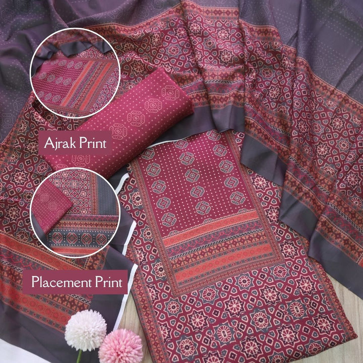 सुनहरी Grey Ajrak Placement Printed Semi Pashmina Winter Set