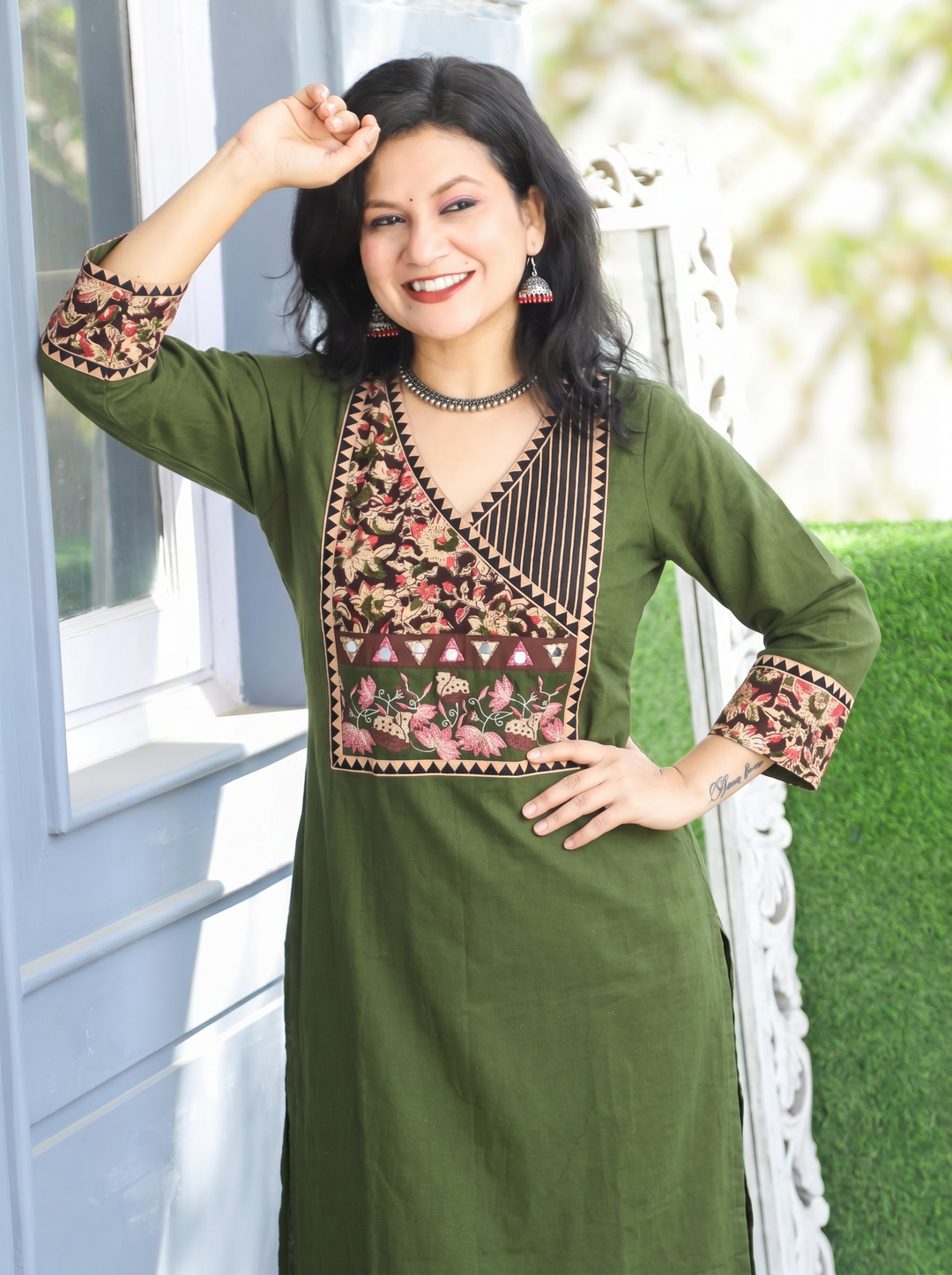 Sayami Green Kalamkari Angrakha Cotton Kurti