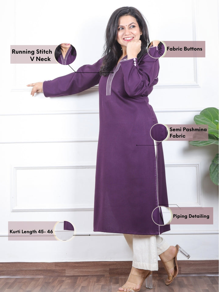 छाया Iris Purple Running Thread Neck Work Semi Pashmina Winter Kurti