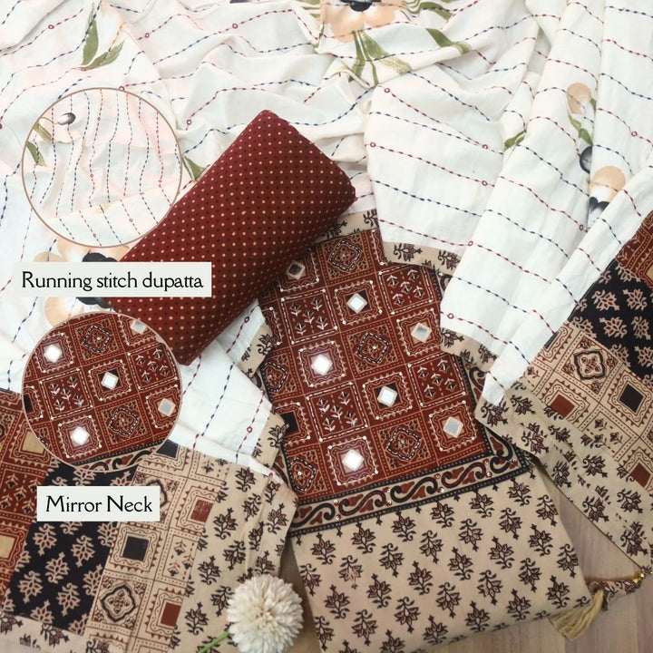 Tanhaa Beige with Red Mirror Neck Kutch Patch In Ajrak Print Cotton Suit Set