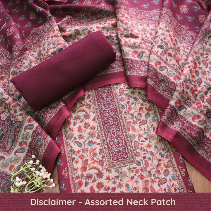 रुद्रा  Burgundy Wine All Over Digital Kanni Printed Semi Pashmina Winter Set