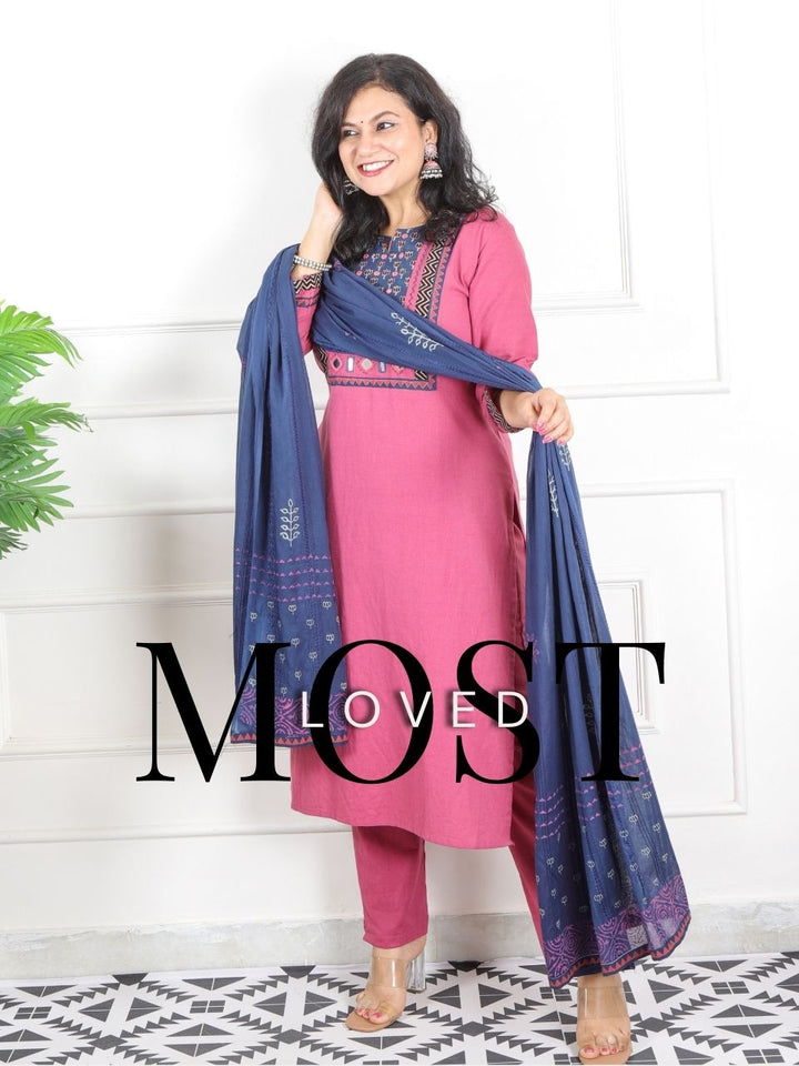 Raanjhaan Stawberry Pink Kutch Neck Work Cotton 3 Piece Set D2