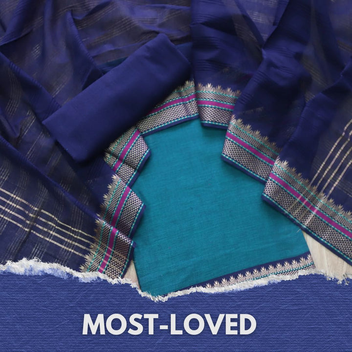 Sanskruti Jade Green with Blue Dupatta South Cotton Mangalgiri Hem Suit Set