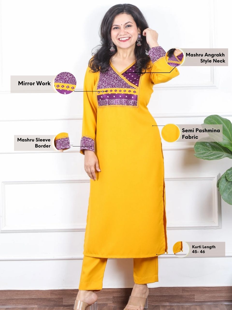 छाया Bumblebee Yellow in Mashru Angrakha Patch in Semi Pashmina Winter Kurti