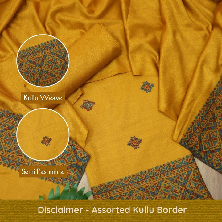 निकुंज Dijon Yellow Kullu Thread Weaved Hem Semi Pashmina Winter Suit Set