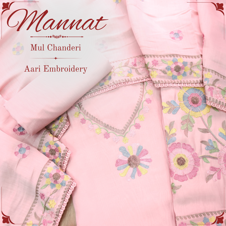 Mannat Mauve Blush Aari Embroidered Hem Mul Chanderi Set