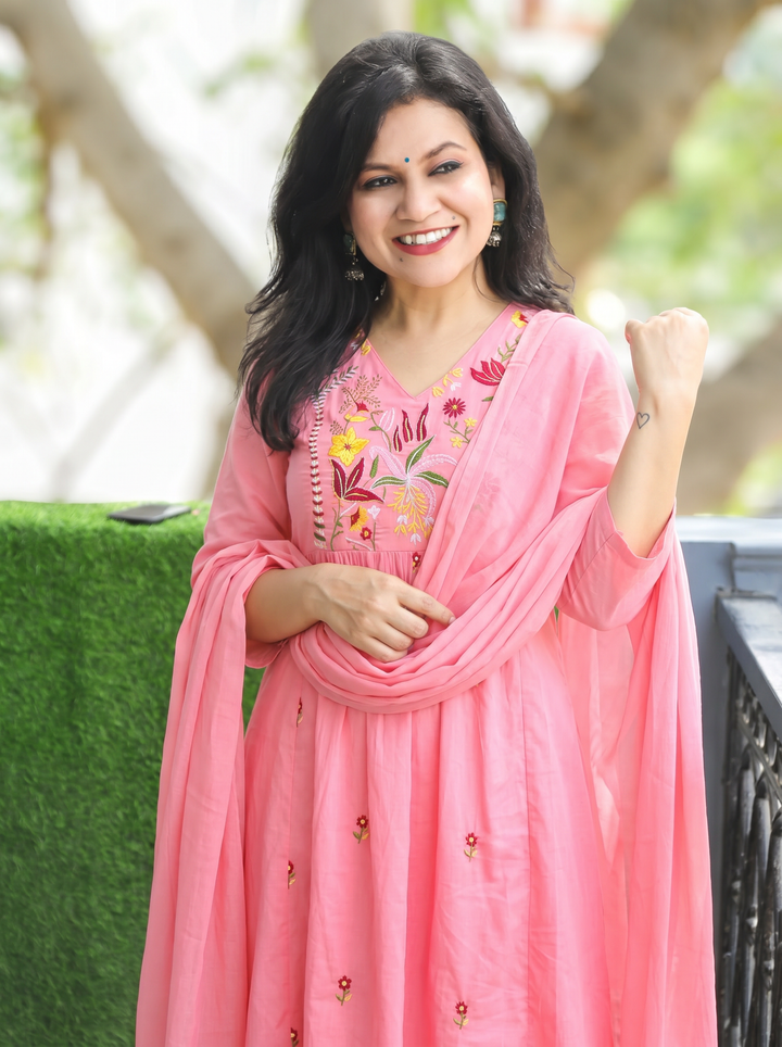 Shiwangi Candy Pink Embroidered Mul Cotton 3 Piece Set