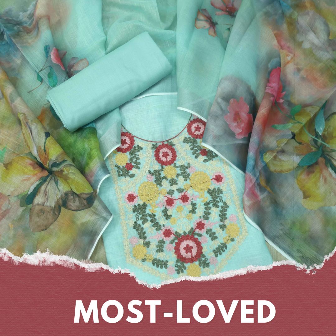 Fitoori Sea Green Kashida Inspired Work Cotton Linen Suit Set