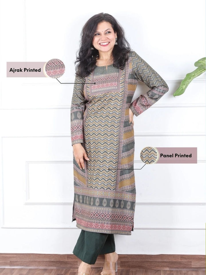 Grass Green Ajrak Placement Print Semi Pashmina Winter Kurti