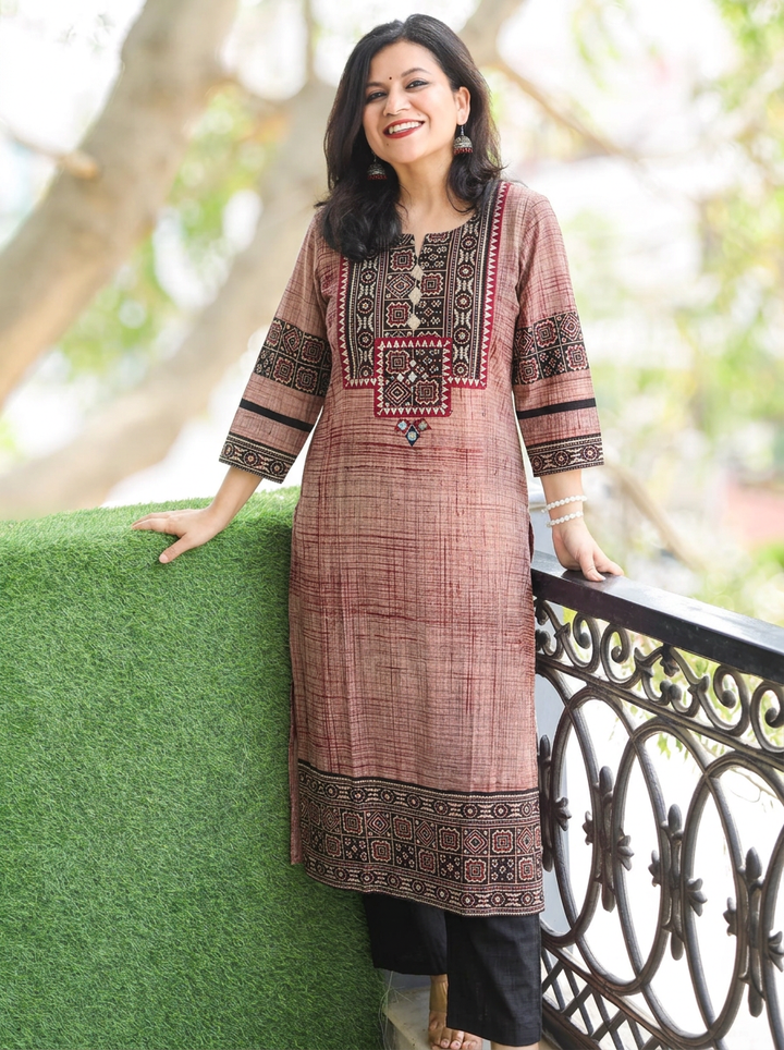 Zariya Beige Black  Ajrakh Yoke Brush Painted Cotton Kurti