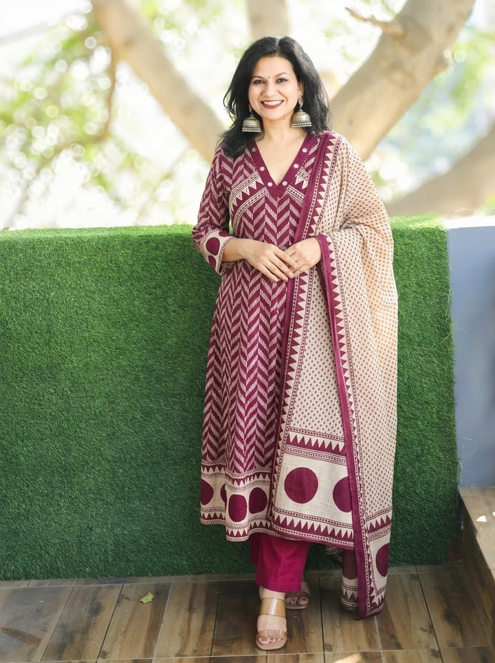 Rishika Dine Wine  Moti Work Anarkali Cotton 3 Piece Set