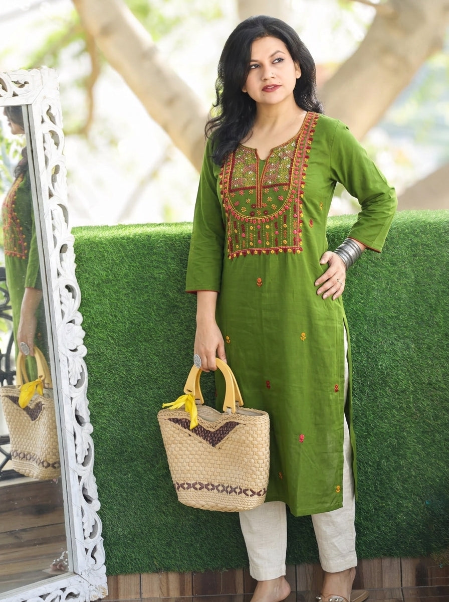Shristhi Tree Green Kolkata Hand Embroidered Cotton Kurti