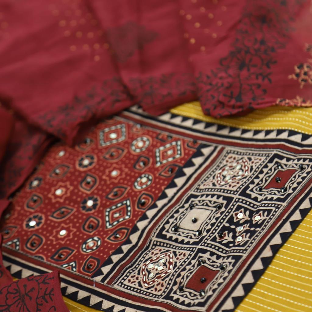 Ruhani Sandstone Yellow Ajrak Cotton Top and Cotton Dupatta
