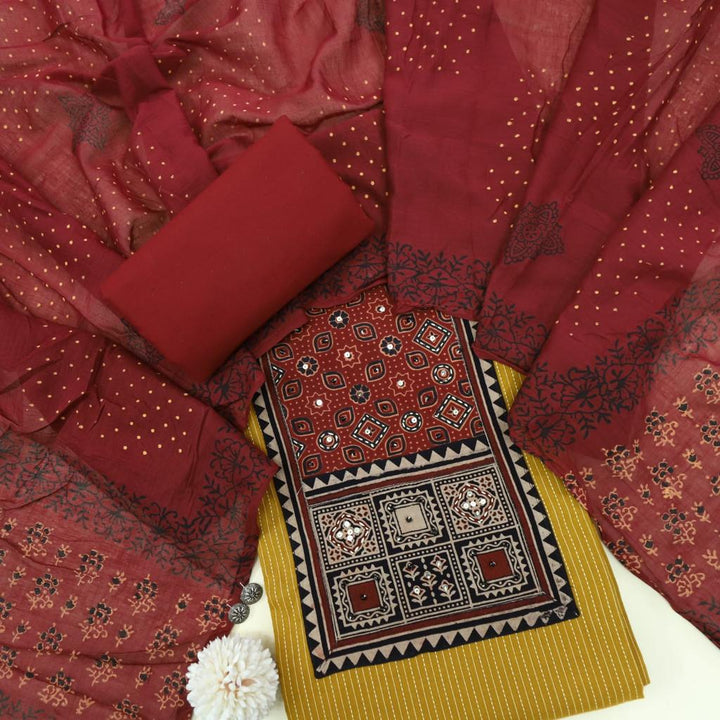 Ruhani Sandstone Yellow Ajrak Cotton Top and Cotton Dupatta