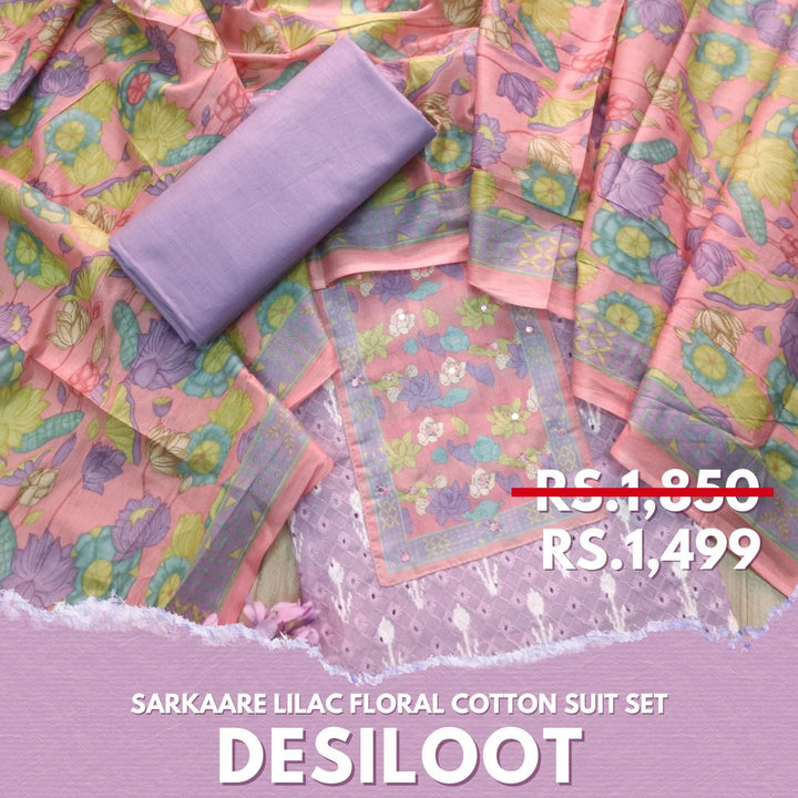 Sarkaare Lilac Floral Print Patch Schiffli Work Ikkat Print Cotton Suit Set