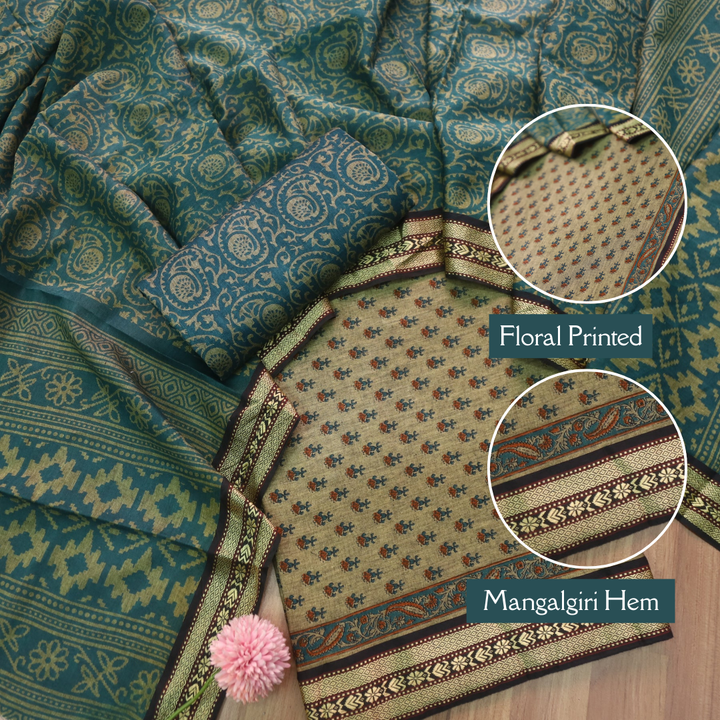इश्क Beige with Dark Teal Digital Printed Mangalgiri Hem Work Cotton Suit Set