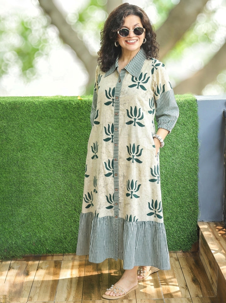 Asya Off-White with Green Lotus Dabu Button Down Cotton Dress