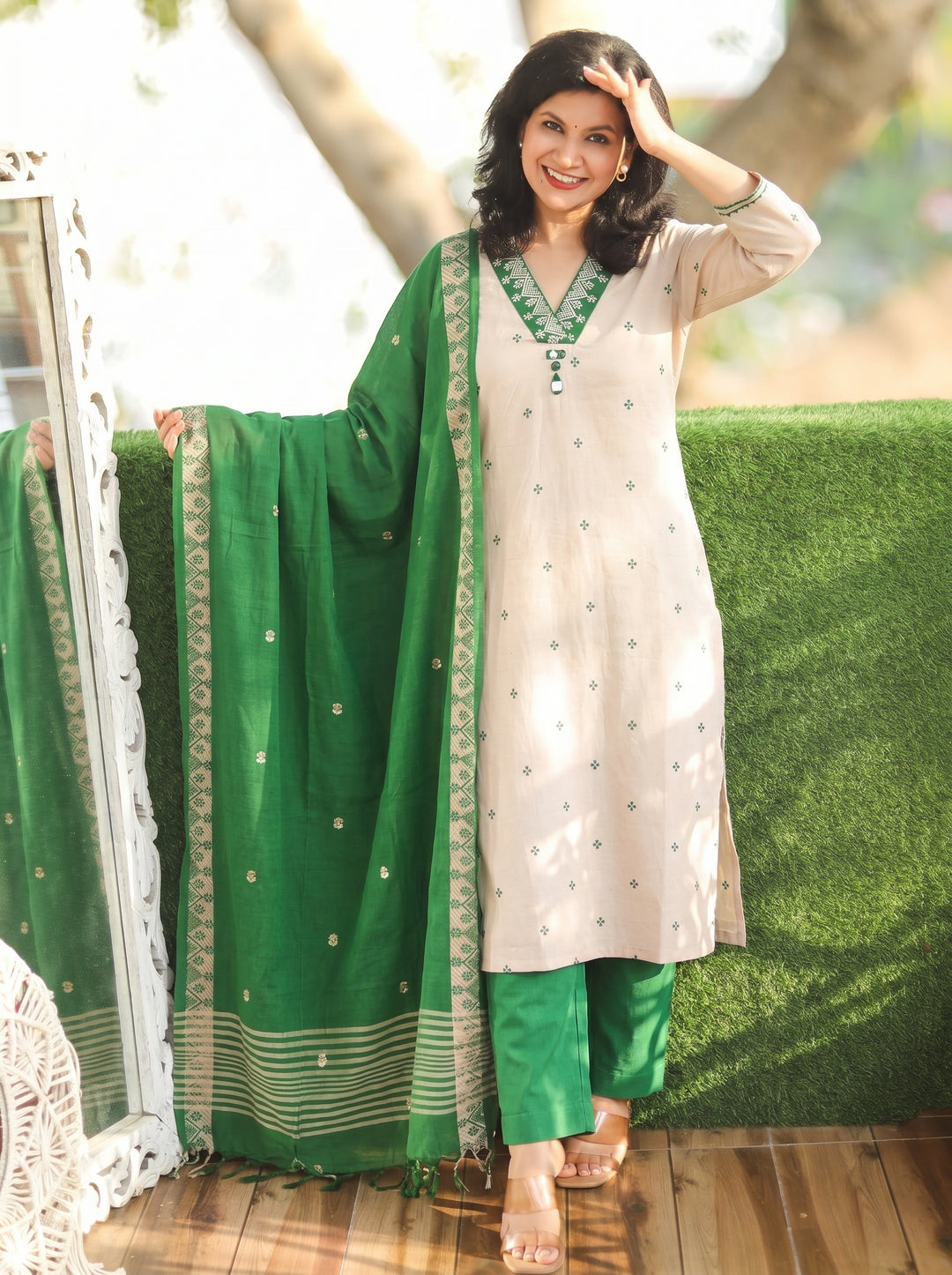 Emily Beige with Green Weaved South Cotton 3 Piece Set