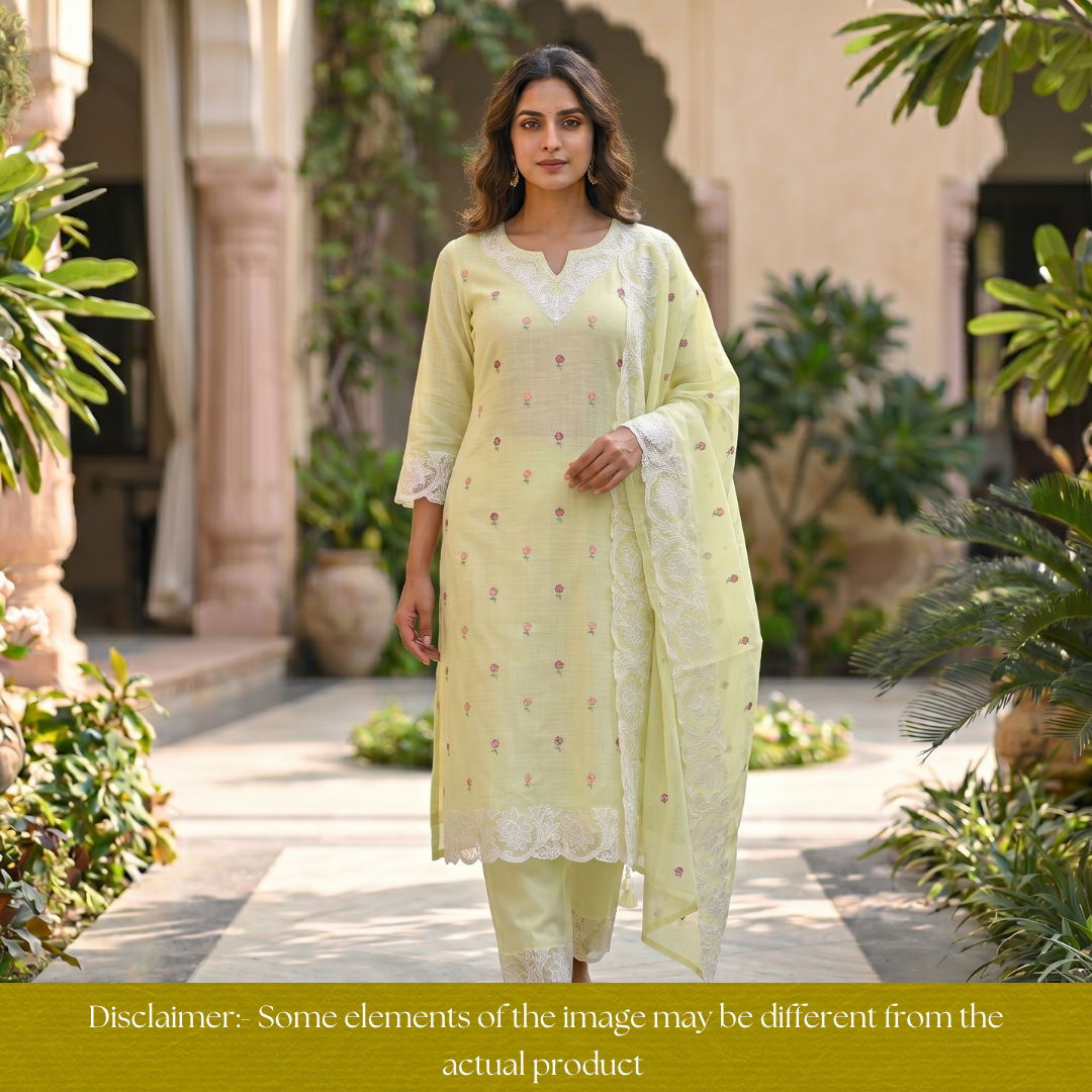 Yaleen Butter Yellow Thread Buti with Floral Patch Kota Doriya Set