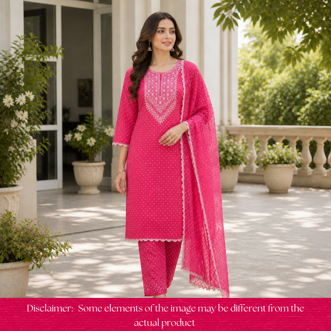 Bandegi Rani Pink Authentic Bandhej with Thread Neck Work Cotton Set