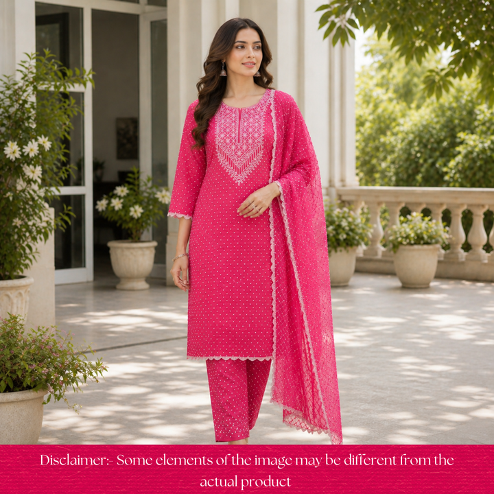 Bandegi Rani Pink Authentic Bandhej with Thread Neck Work Cotton Set