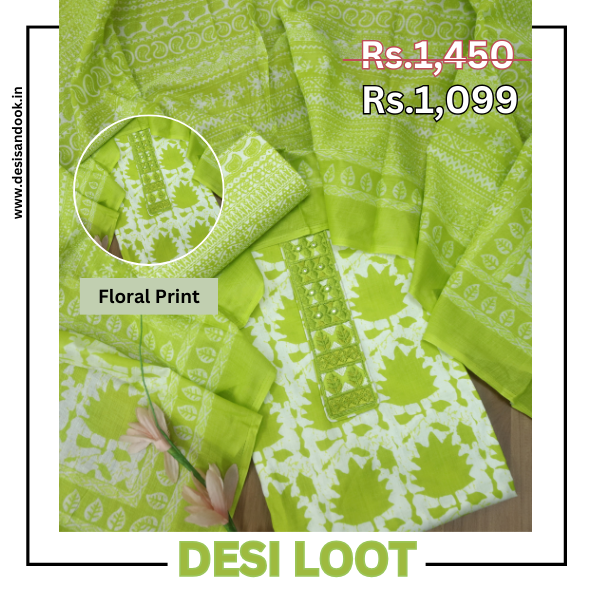 Ulfat Parrot Green Patch Lace Work Floral Printed Cotton Suit Set