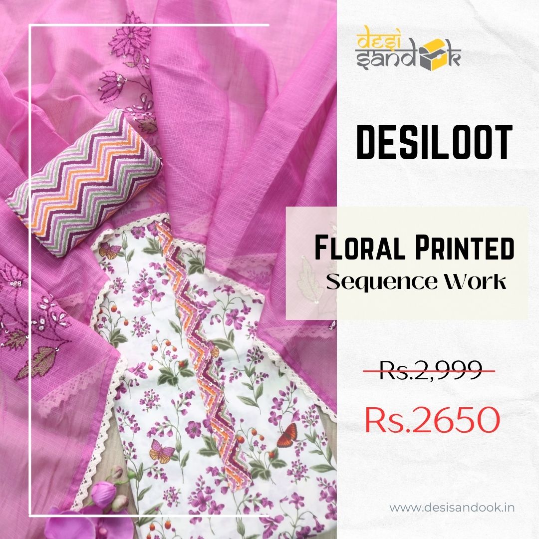Hayaat White with Purple Floral Printed Sequence Work Cotton Suit Set
