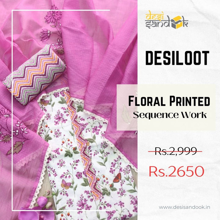 Hayaat White with Purple Floral Printed Sequence Work Cotton Suit Set
