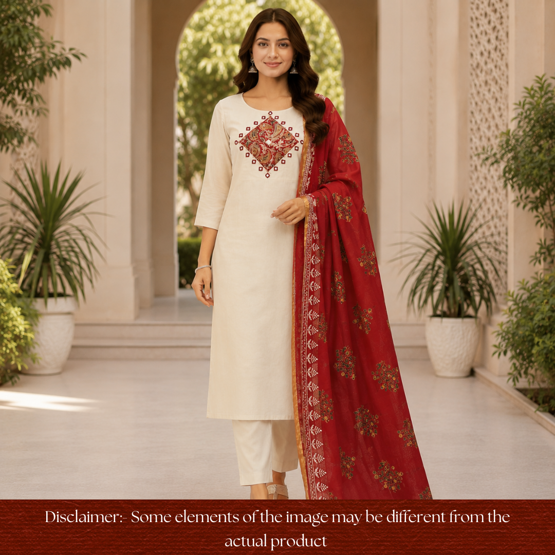 Saheli Beige Red Mirror Work Applique Kalamkari Jam Cotton Set