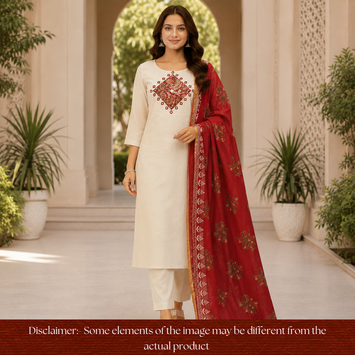 Saheli Beige Red Mirror Work Applique Kalamkari Jam Cotton Set