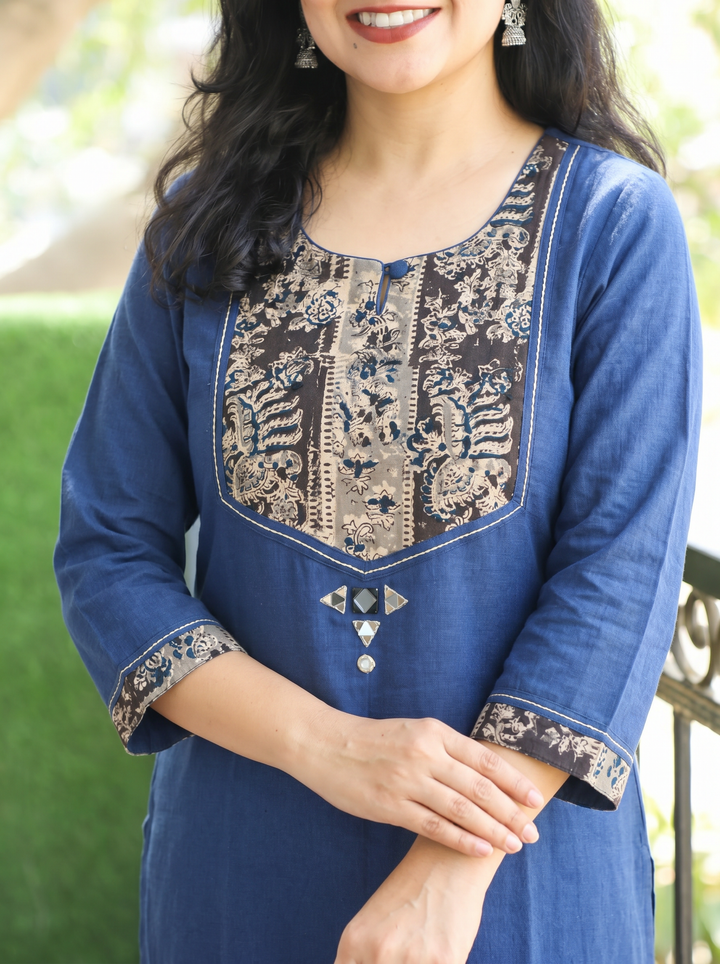 Kanak Royal Blue Kalamkari Printed Yoke Cotton Kurti