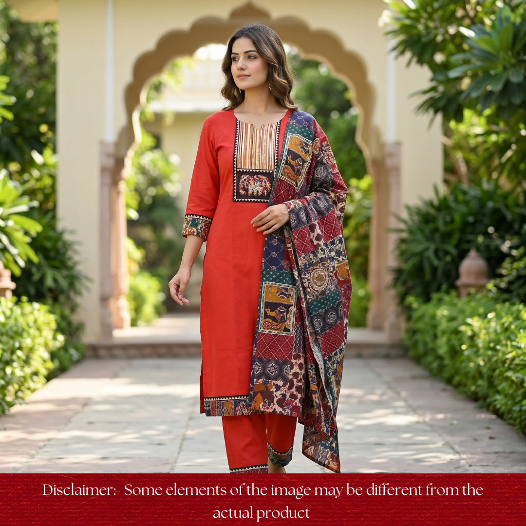 Jiya Rust Orange with Kalamkari Applique Patch Cotton Set