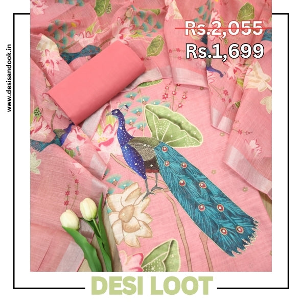 Bareli Flamingo Pink All Over Moti with Spiral Work Peacock Print Cotton Linen Ser