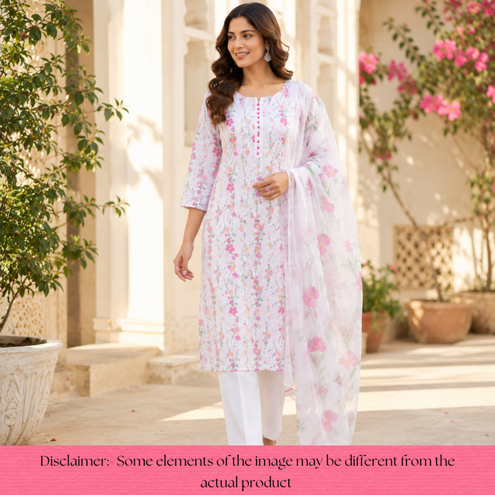 Reshmi White Patch with Floral Printed Cotton Dobby Set