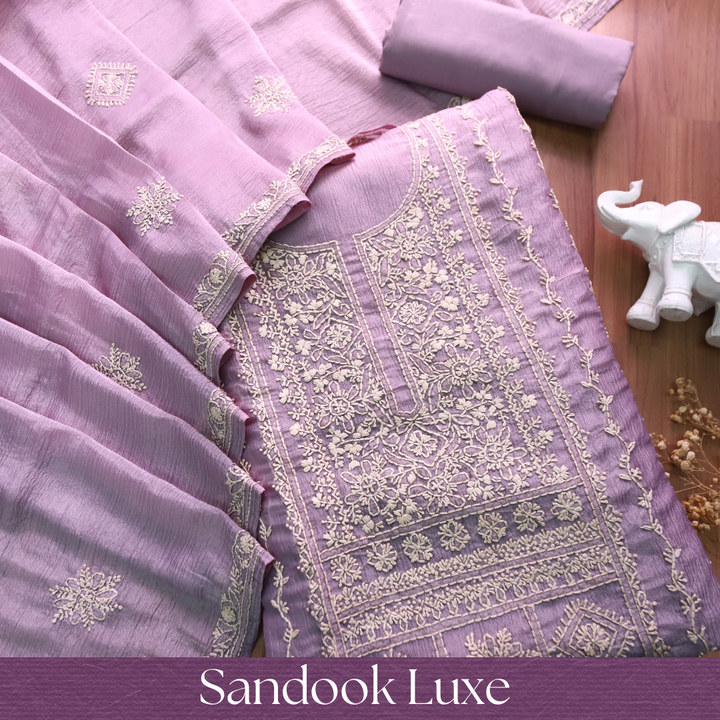 Avinya Heliotrope Purple Hand Embroidered Glass Crinkle Organza Set