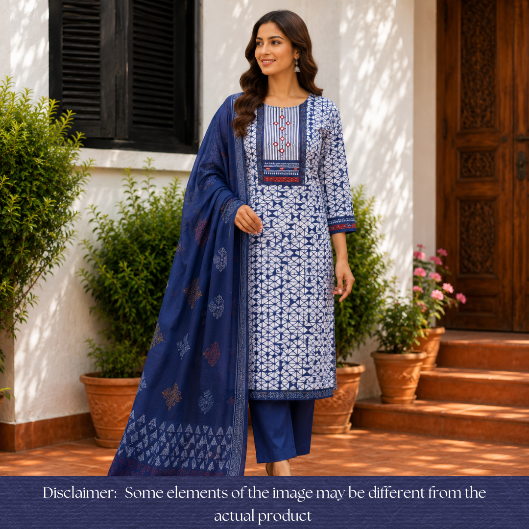 Ishani Stone Blue Kutch Mirror Dabu Printed Cotton Set D4