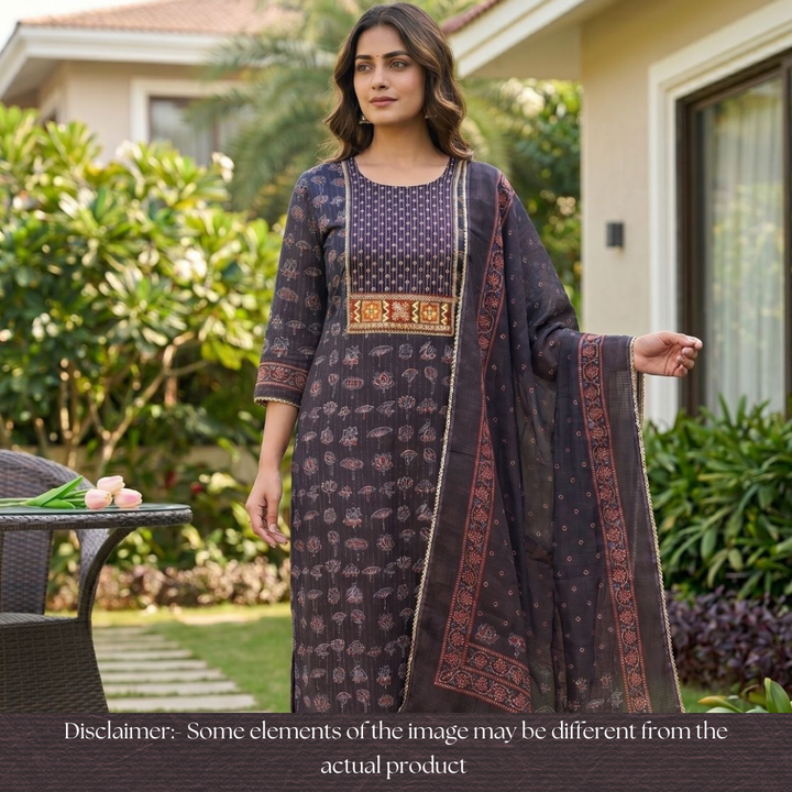 Palak Black Zari Work Embroidered Yoke Ajrak Print Cotton Set
