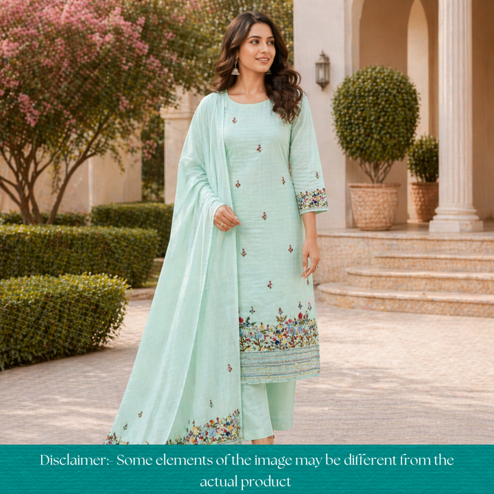 Gulbahar Ocean Aqua Thread Embroidered Hem Work Kota Doriya Set