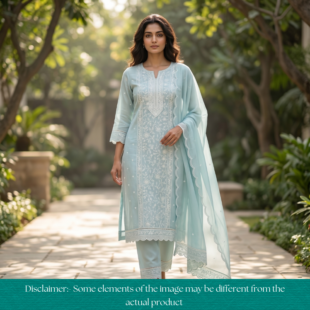 Chaahat Ice Blue Embroidered Panel Mul Chanderi Set