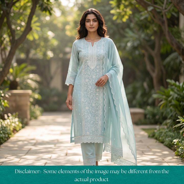 Chaahat Ice Blue Embroidered Panel Mul Chanderi Set