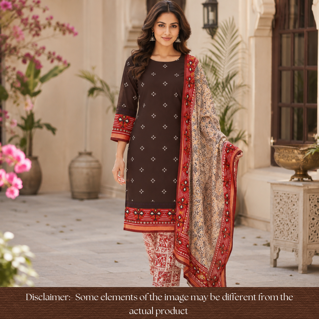 Saatvi Choco Brown Ikkat Printed Hemline Mul Chanderi Set