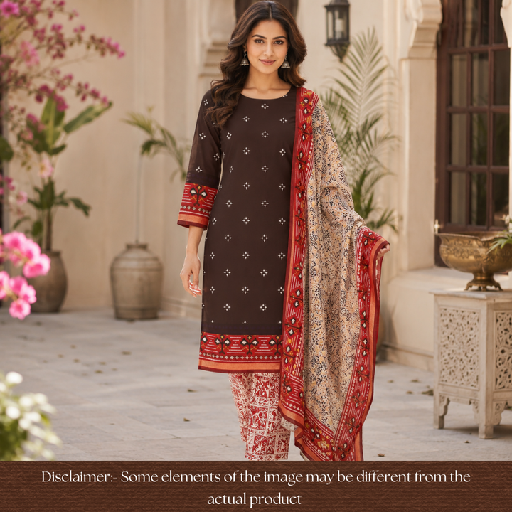 Saatvi Choco Brown Ikkat Printed Hemline Mul Chanderi Set