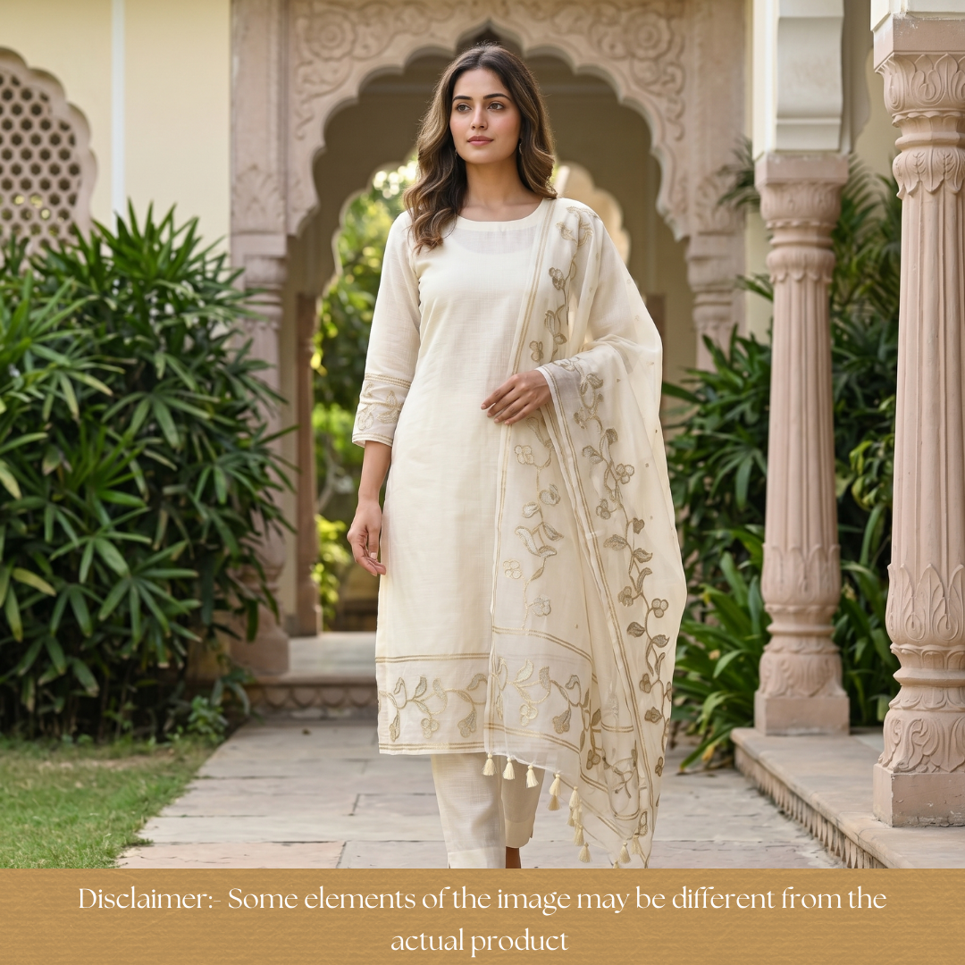 Eyana Shell Beige Zari Detailing Tussar Cotton Chanderi Set