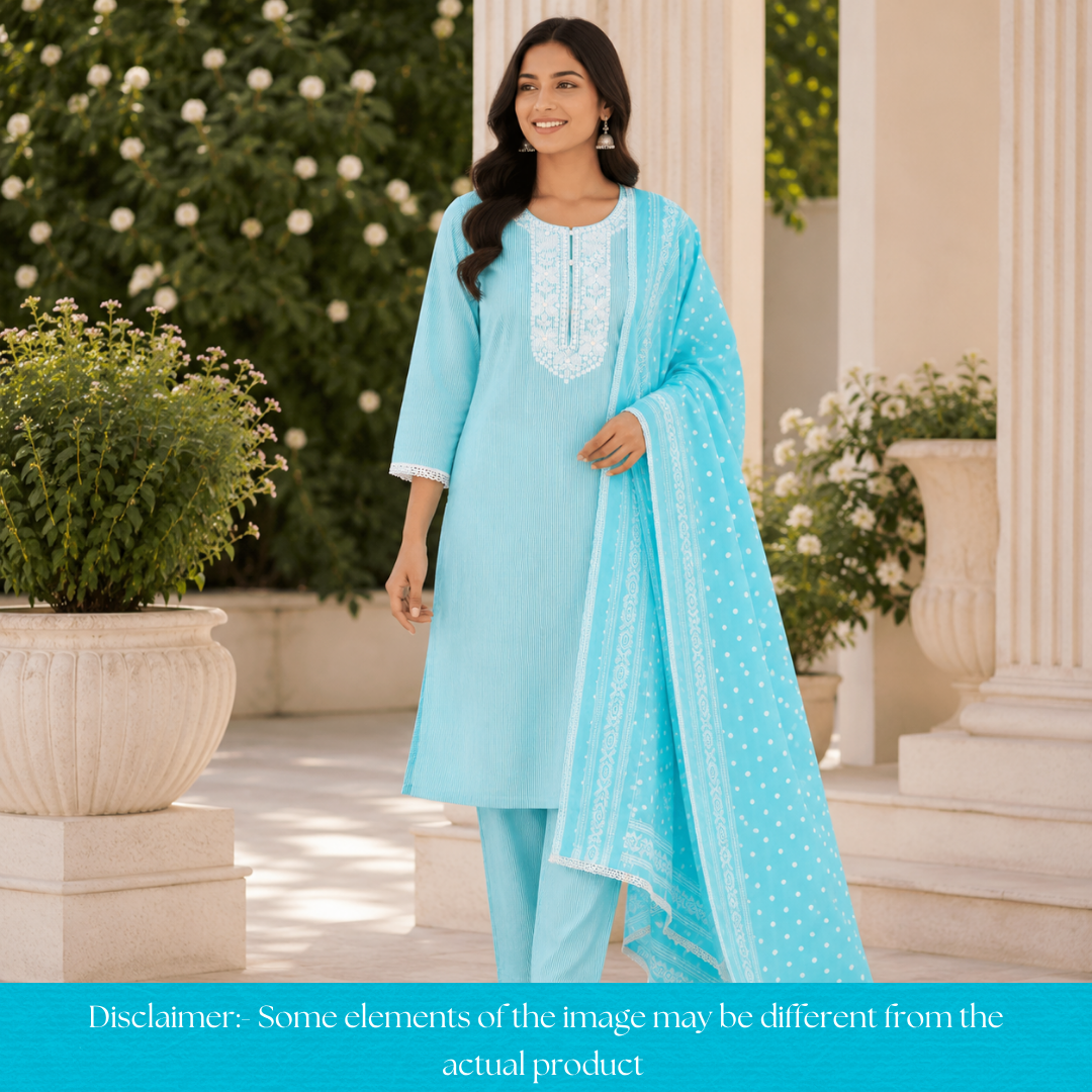 Aarshi Ocean Aqua Embroidered Neck Stripe Printed Cotton Set