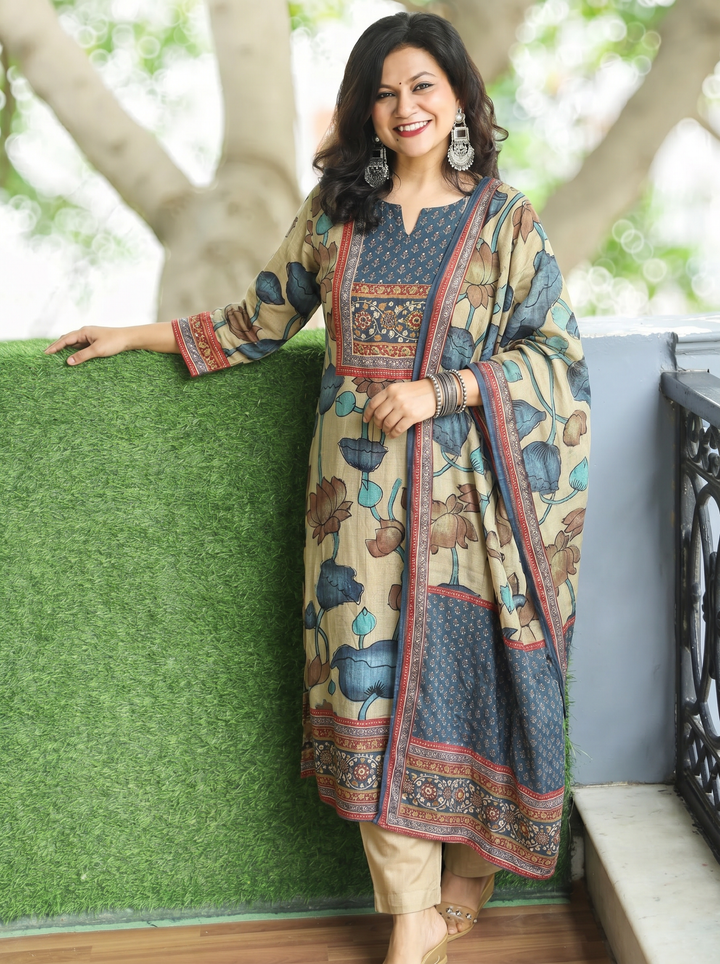 Rushali Beige Spiral Zari Work Printed Muslin 3 Piece Set